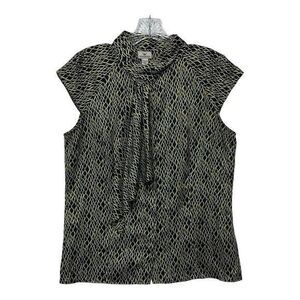 Worthington Blouse Womens Size L Green Black‎ Cap Sleeve Neck Scarf Button Down